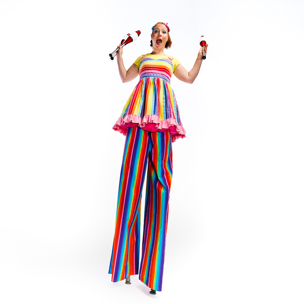Rainbow clown Stilt walking
